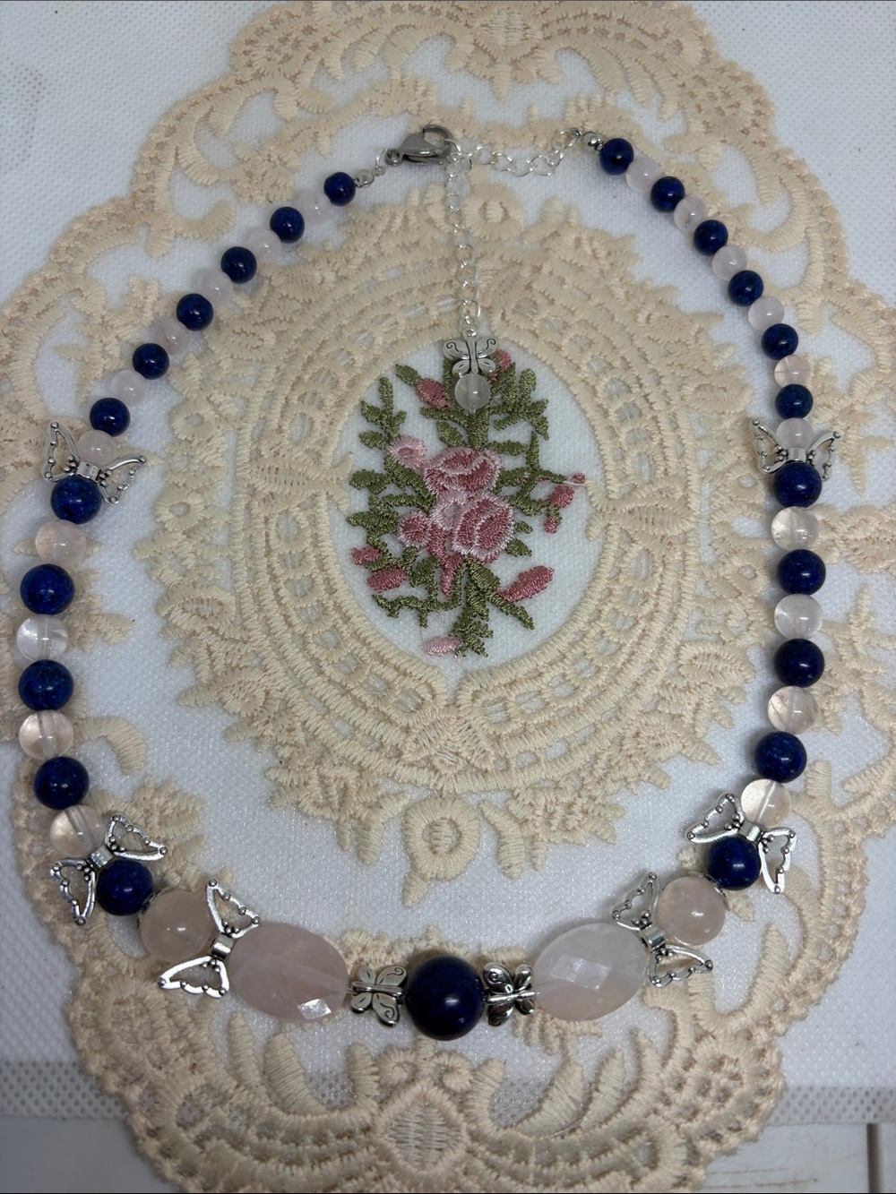 Handmade Lapis Lazuli & Rose Quartz Butterfly Princesscore Necklace Barbiecore